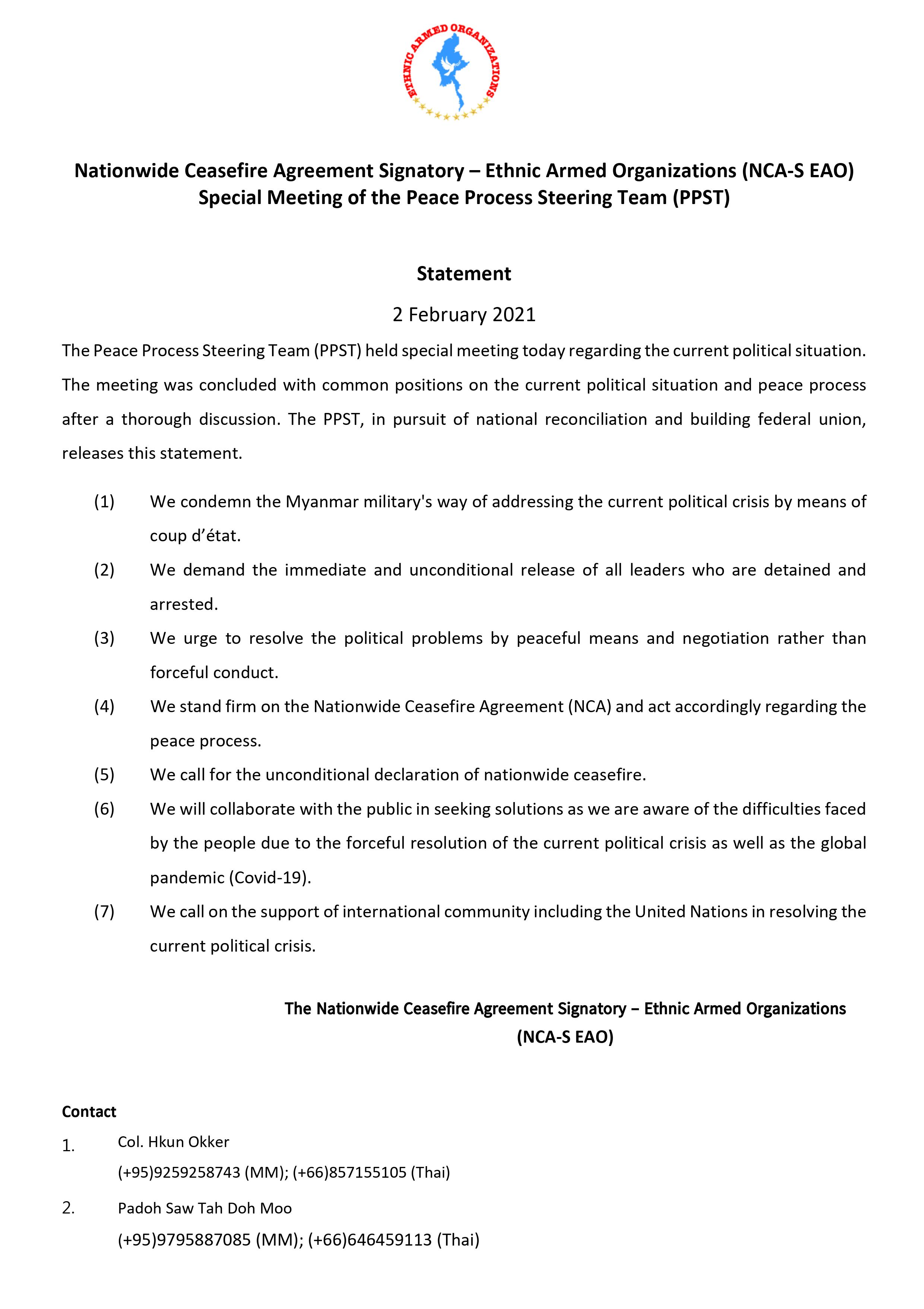 The Statement of Special Meeting of the Peace Process Steering Team (PPST)